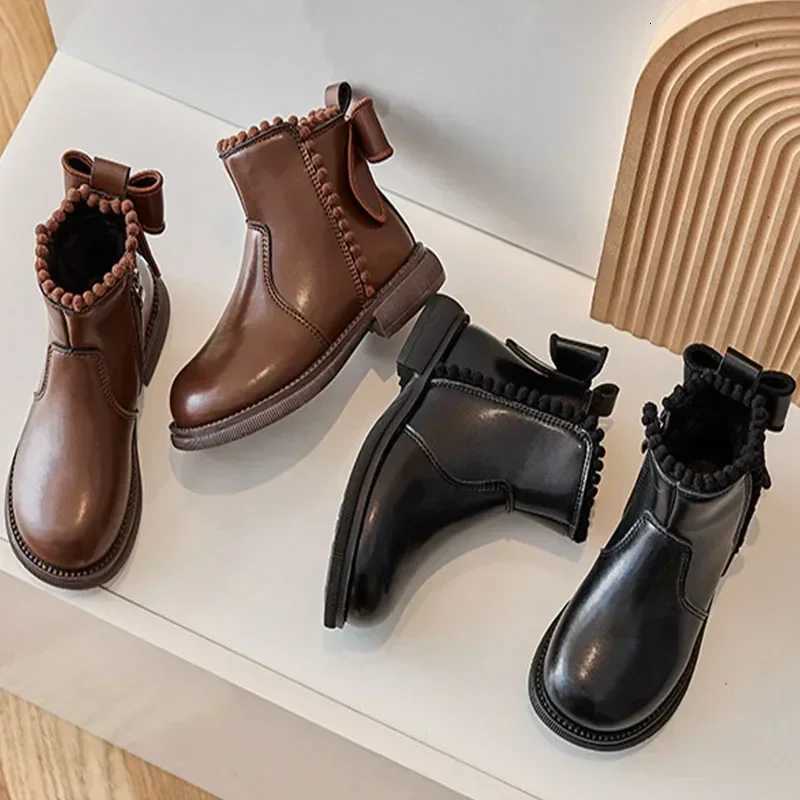 ute Pompom PU Leather Kids Ankle Boots Super Warm Velvet Winter Shoes Girl Low Heel Fashion Butterfly-knot Student Shoes XJ250812