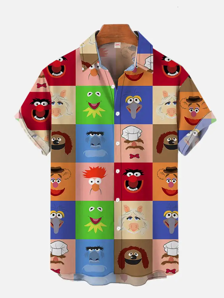 Cartoon Animated Characters Summer Classic Style Patchwork Retro Hawaii Shirt Colorful Geometric Color Print Short Floral Blouse 250804