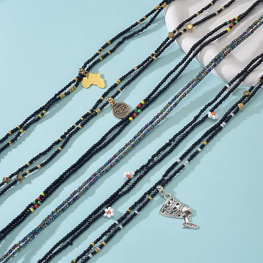 8Pcs 31.5 Inches African Waist Bead Chain Elastic Belly Beads Butterfly Shell Layered Body Chain Black Tone Jewelry Accessories for Women