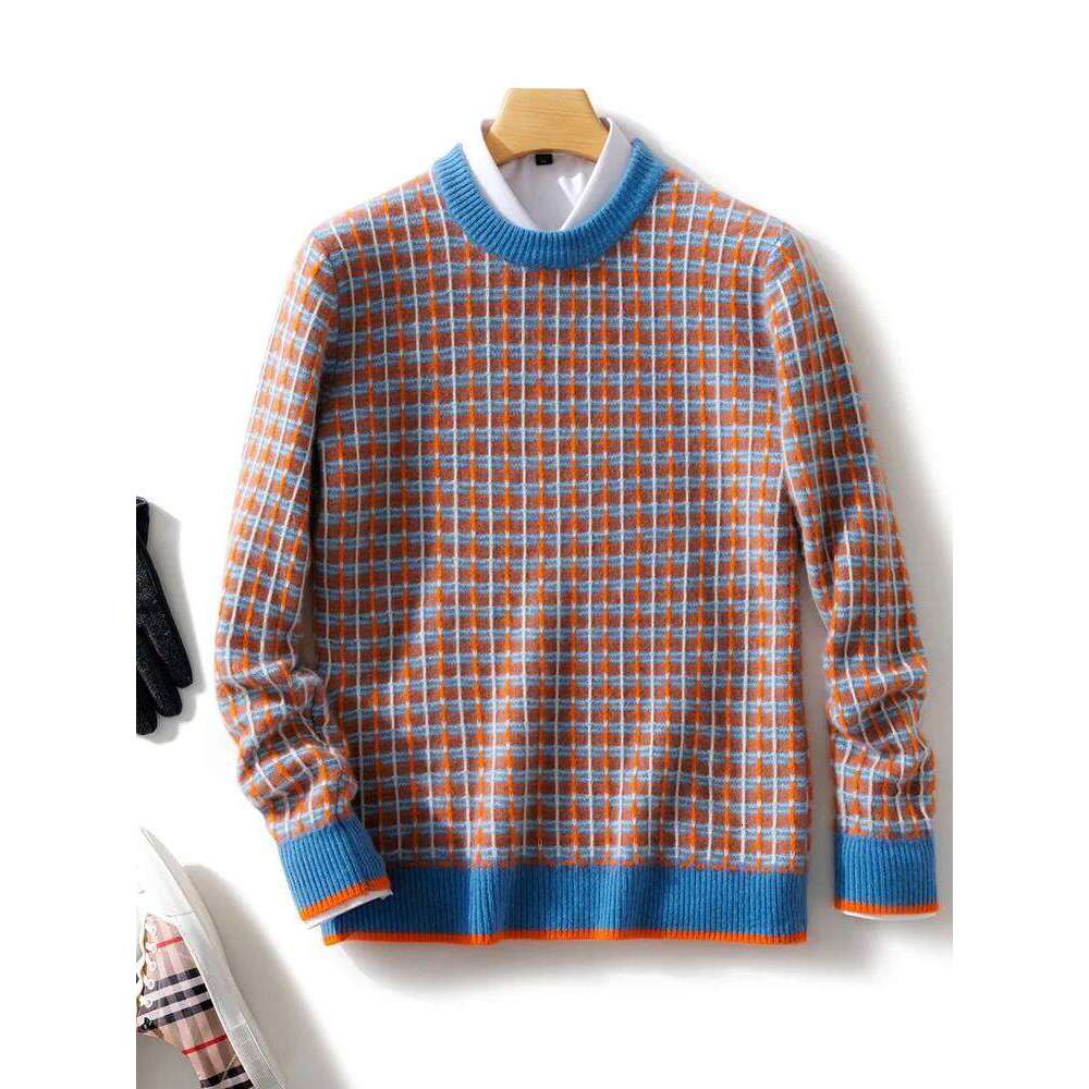 Men Pullover O-Neck Sweater Cashmere Autumn Winter Checkered Jacquard 100% Merino Wool Knitwear Long Sleeve Clothing Tops 250812