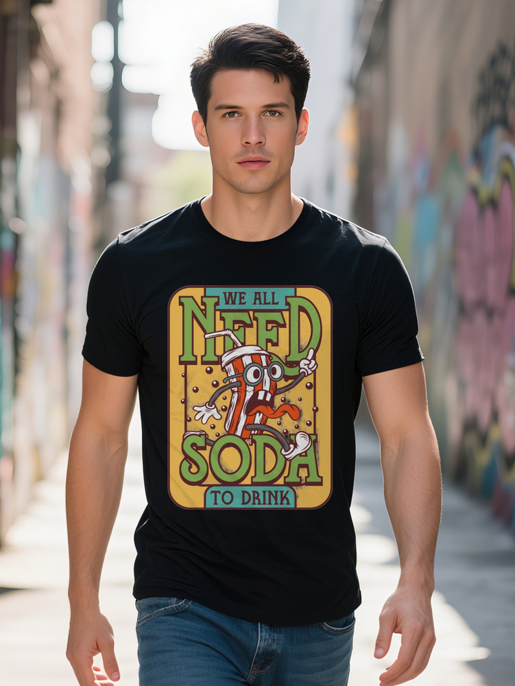 Men s Casual Crew Neck T Shirt with Fun D WE NEED SODA to DRINK Graphic Print Black Cartoon Design Perfect Gift for