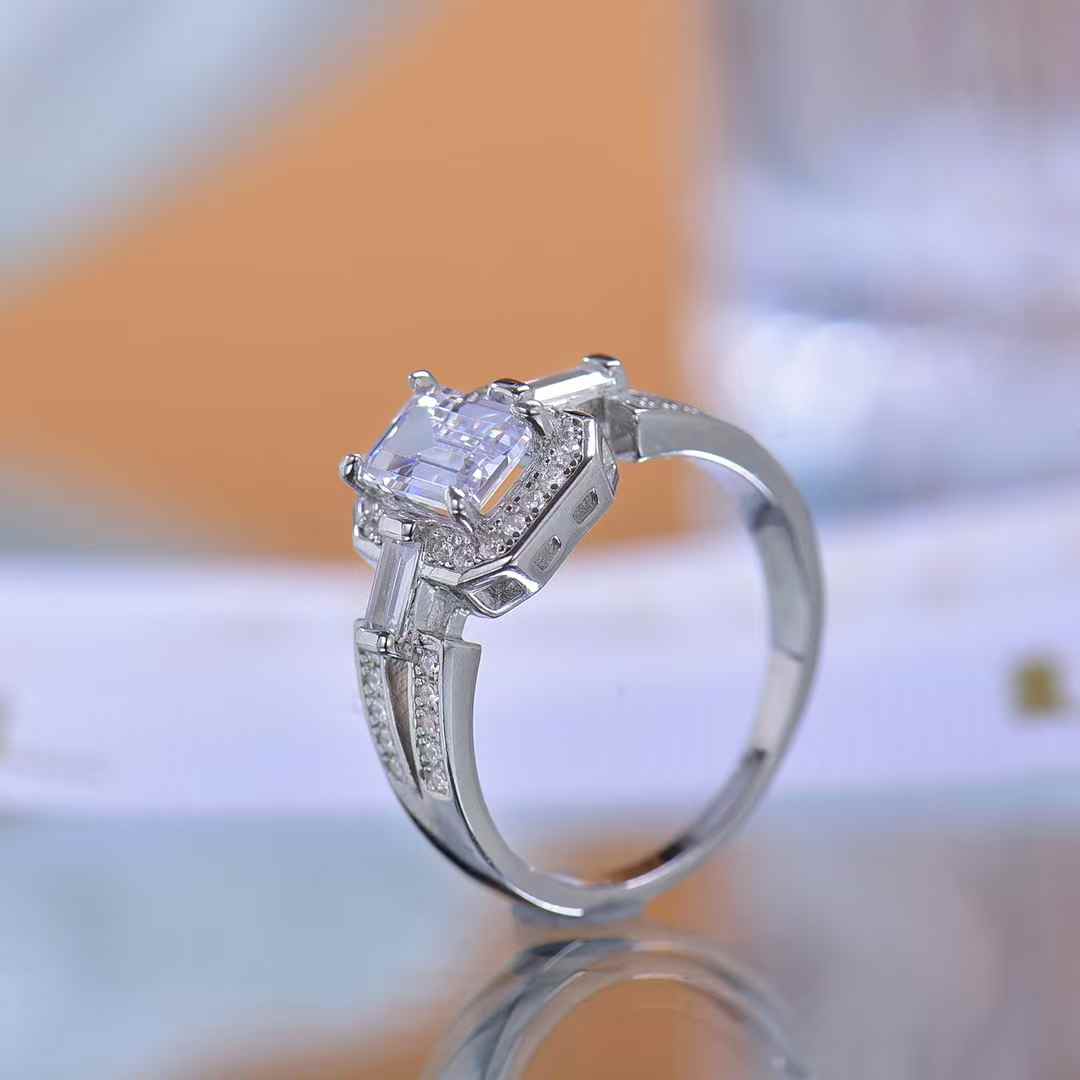 Moissanite Ring Women s Art Deco Emerald Cut Sparkly Silver Band for Brides Wedding Ceremonies Anniversary Celebrations Glamorous Party Nights