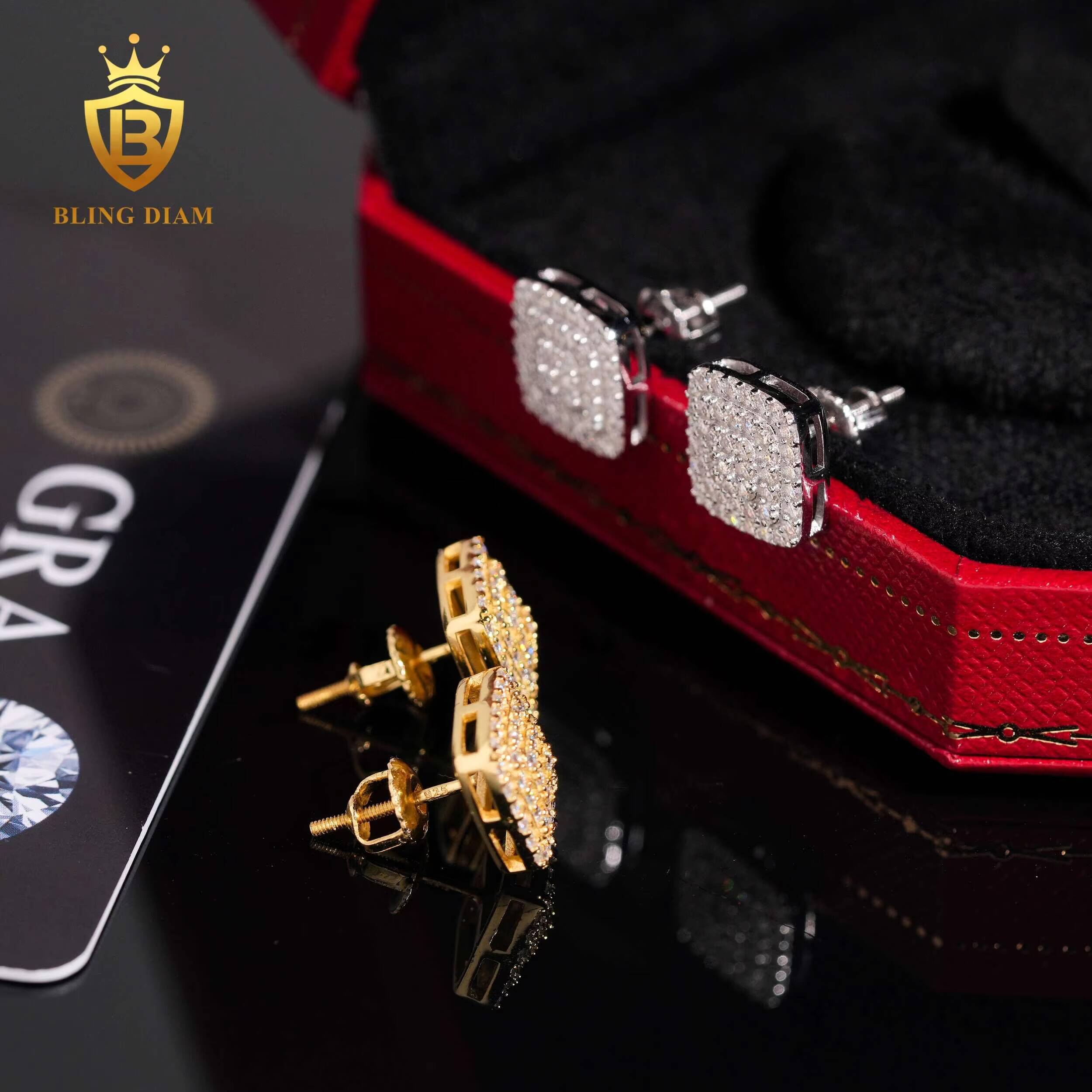 Luxury Jewelry Wholesale 925 Silver Gold Plated Vvs Moissanite Square Earrings Drop Screw Back Stud Cluster for Man Women