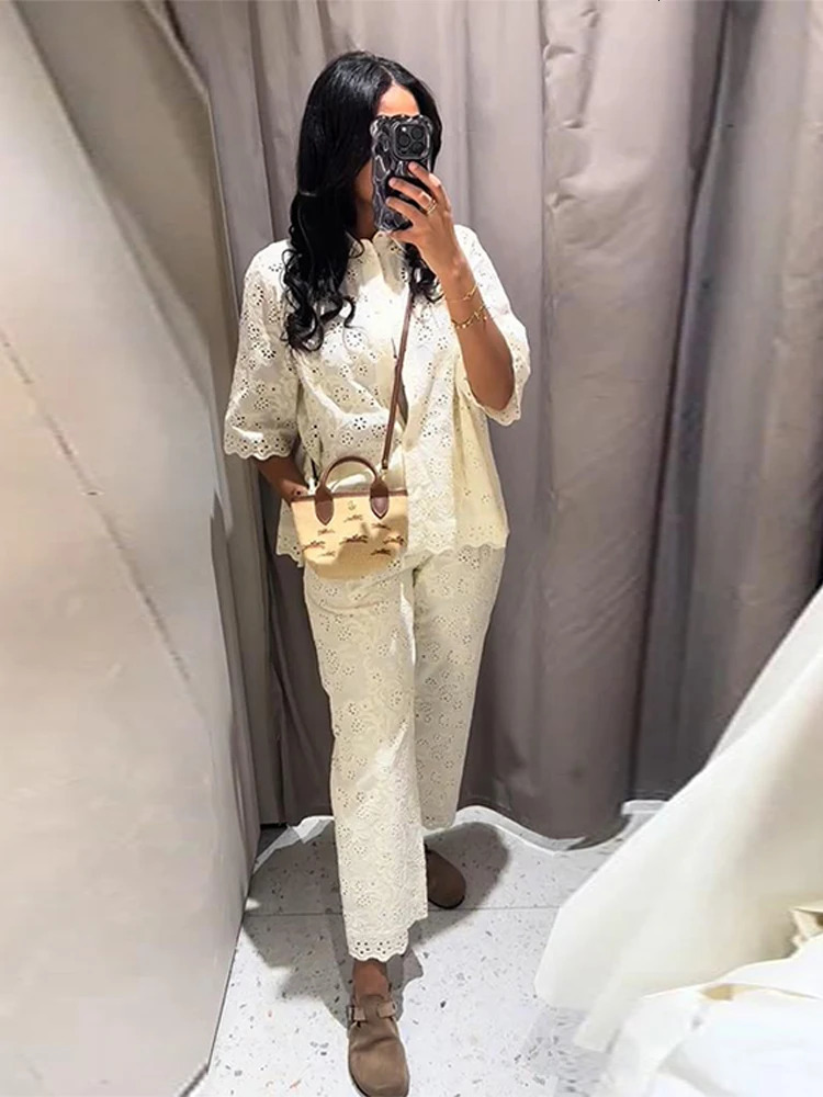 Solid White Hollow Floral Embroidery Long Pants Sets Women Turn Down Collar Shirts High Waist Trousers 2 Piece Lady Party Outfit 250811