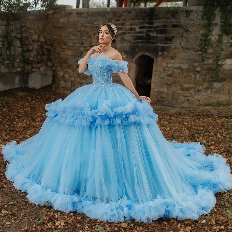 Sky Blue Ball Gown Quinceanera Dresses Off Shoulder Beading Crystal Tiered Tull Party Birthday Sweet 16 Dress Vestidos 15 De Anos
