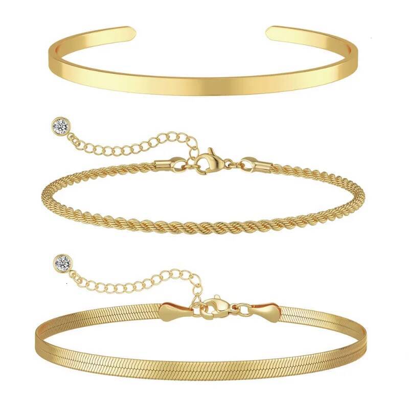 3pcs 14K Gold Plated STAINLESS Waterproof Bracelet Sets for Women Girls Snake Chain Cuban Link Cuff Bangle Stackable Bracelets