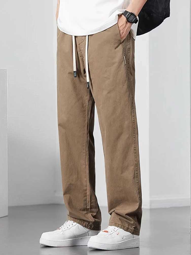 Straight Casual Cargo Pants Men Wide Leg Brown Long Cargo Business Work Trousers Drawstring Baggy Sweatpants Male X250812