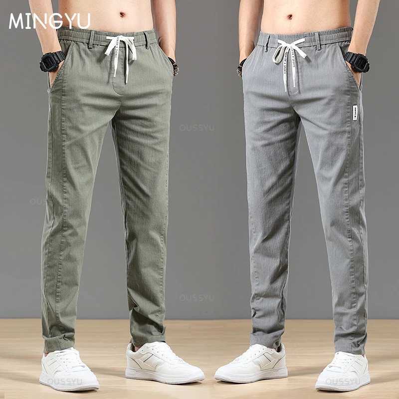 Autumn Cotton Mens Pants Fashion Classic Drawstring Elastic Waist Jogging Stretch Casual Gray Cargo Trousers Male 28-38 W250812