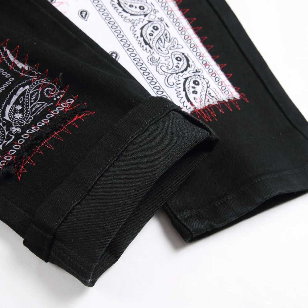 Men Bandana Paisley Patches Jeans Pockets Cargo Black Stretch Denim Pants Letters Print Slim Tapered Trousers X250812