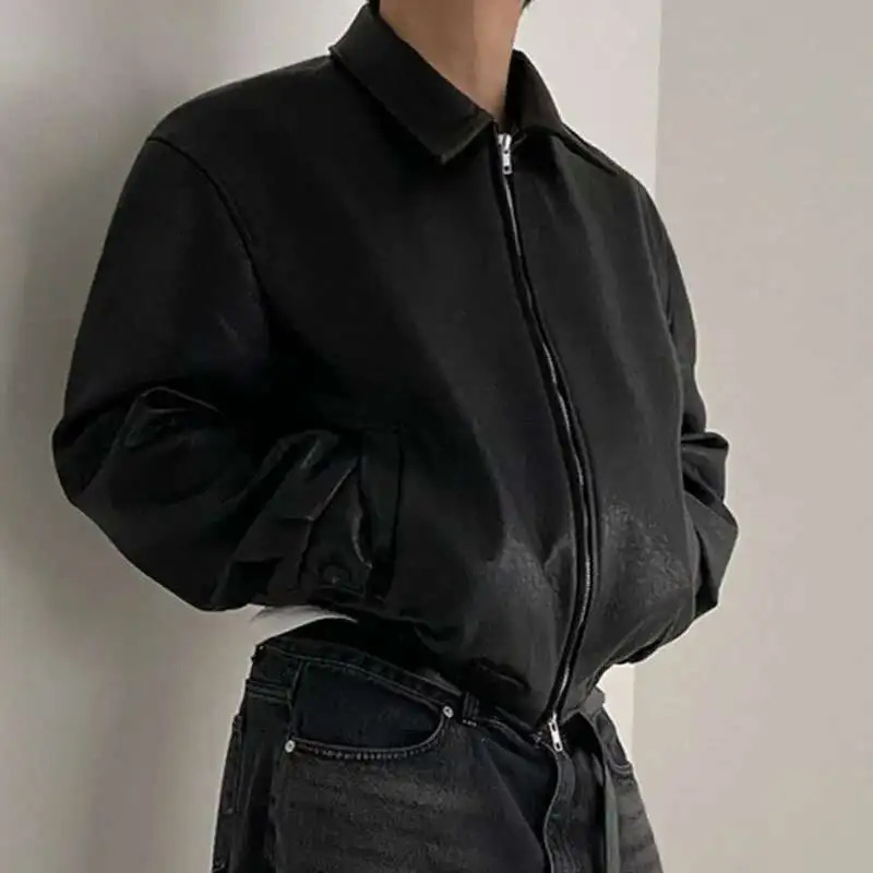 IEFB Short PU Leather Coat Mens Spring Summer Loose Turn-down Collar Coat Korean Style Trend Male Jacket Casual Top 9C5013 250811