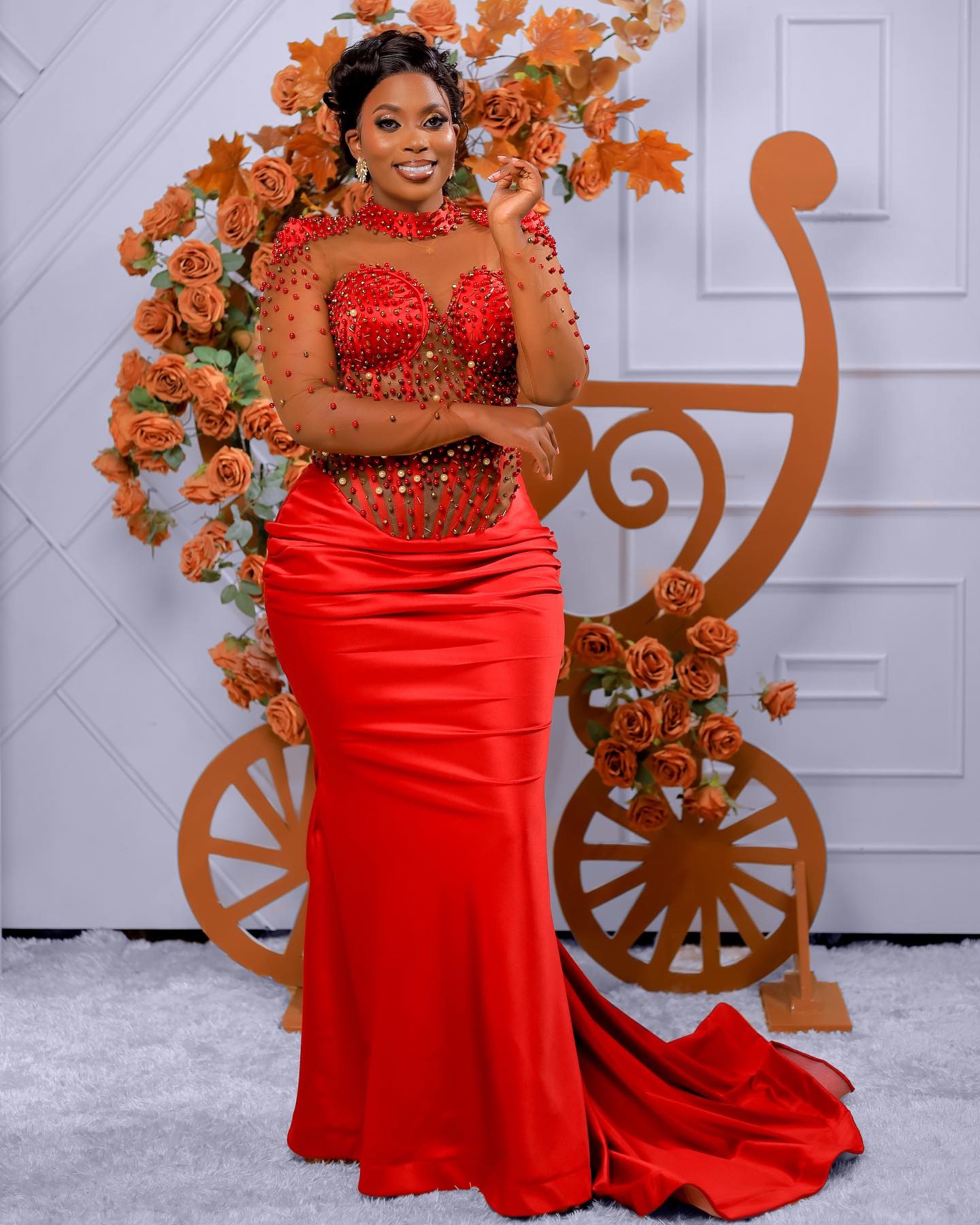 Mermaid Red Plus Size Prom Dress 2025 Evening Dresses For Special Occasions High Neck Beaded Pearls Illusion Long Sleeves Birthday Second Reception Go