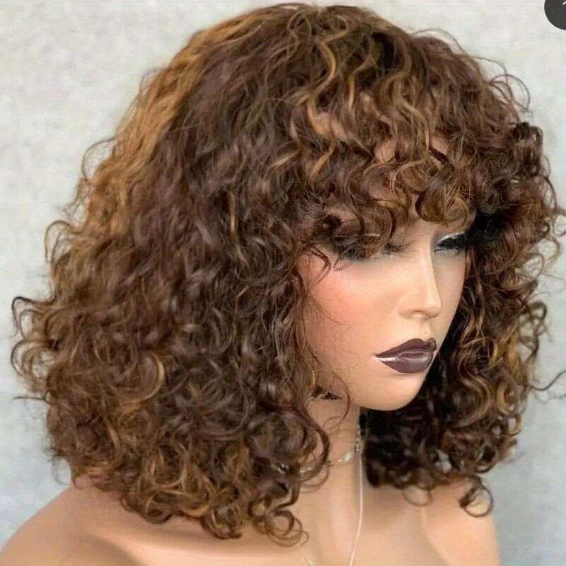 14 Inch Water Ripple Hine-Made With Bangs 180% Density Glue-Free Lace Rose Mesh Human Hair Curly Wig Head Cover For Women