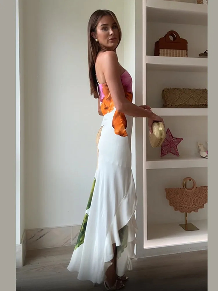 Sexy Printed Irregular Slim Fit Maxi Dress Fashion Women Sleeveless Off Shoulder Skew Collar Robe Lady Beach Party Robe 250805