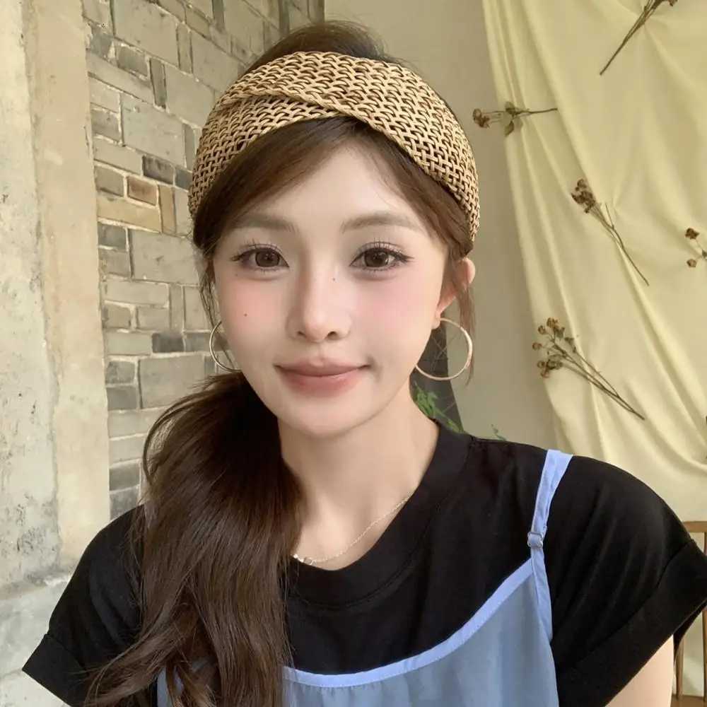Bohemian Style Straw Band Weaving Cross Knotted Hair Band Wen Girl Handmade Wide Band Travel Holiday Hair Accessories X250812