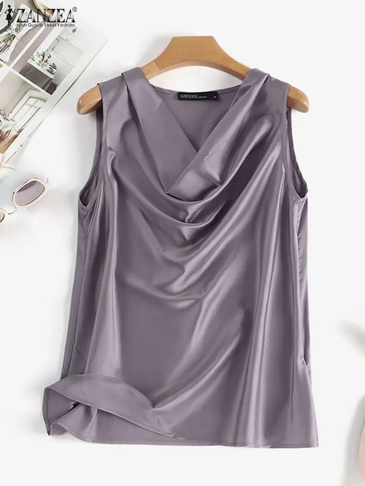 ZANZEA 2025 Elegant Korean Tank Satin Silk Solid Color Sleeveless Tops Fashion Sexy Office Lady Cowl Neck Camisole 250804