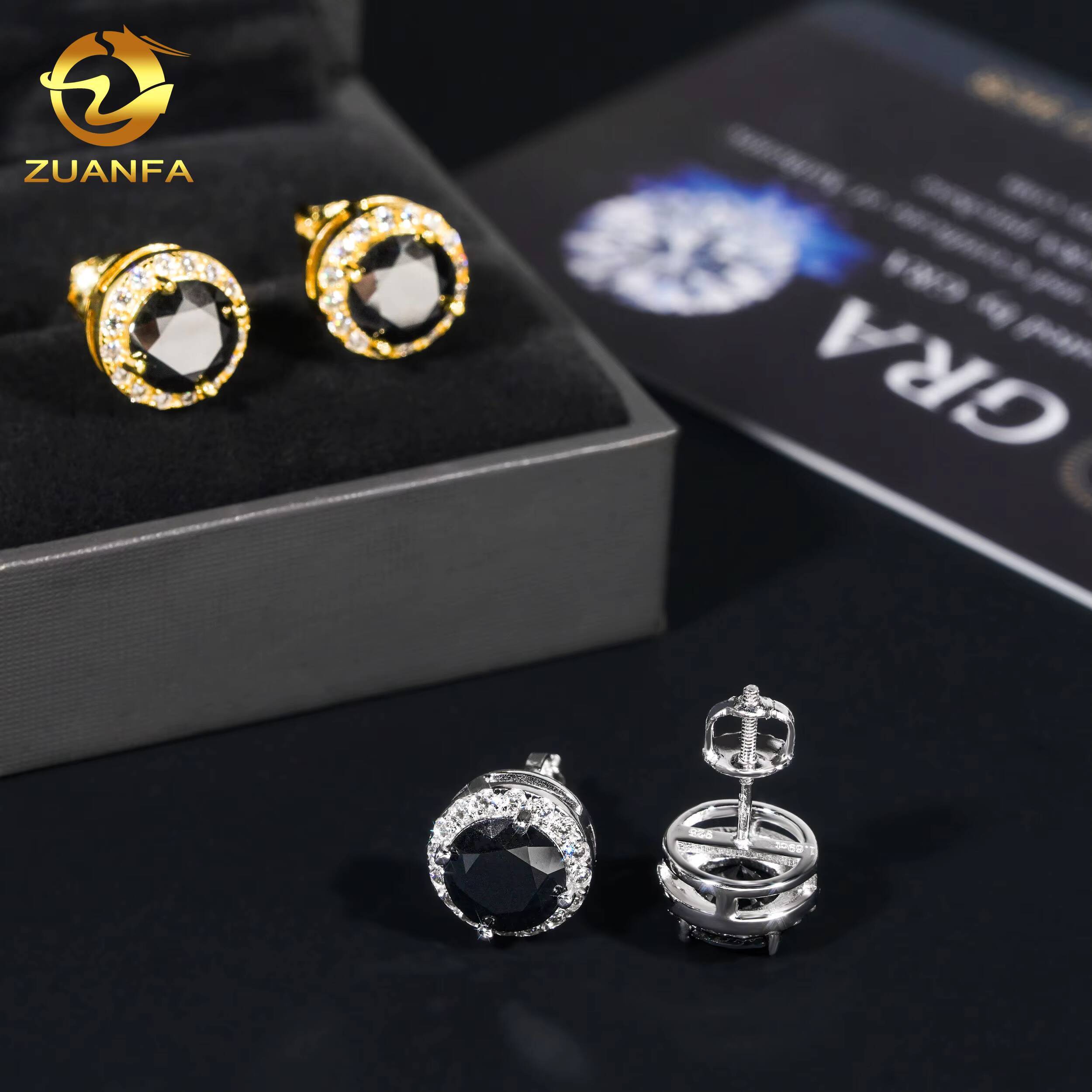 Drop Shipping Screw Back 18k Plated Moissanite Stud Earrings 925 Silver Classic Solitaire Halo Black Moissanite Diamond Earring