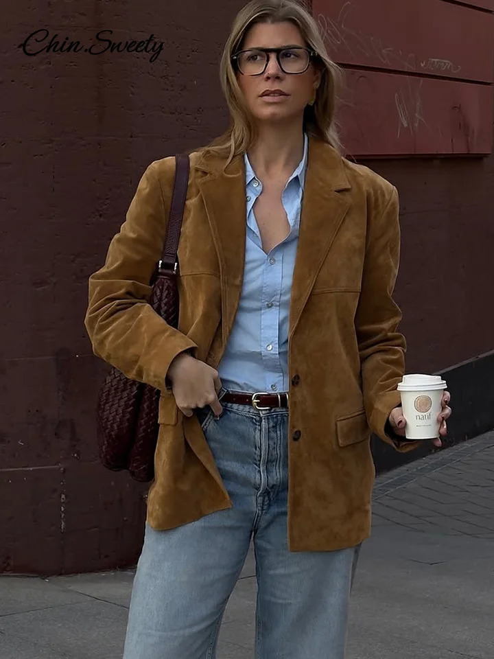 Fashion Womens Khaki Suede Jacket Notched Collar Single Breasted Full Sleeve Blazer Coat 2025 Spring Fall Lady Loose Streetwear 250811
