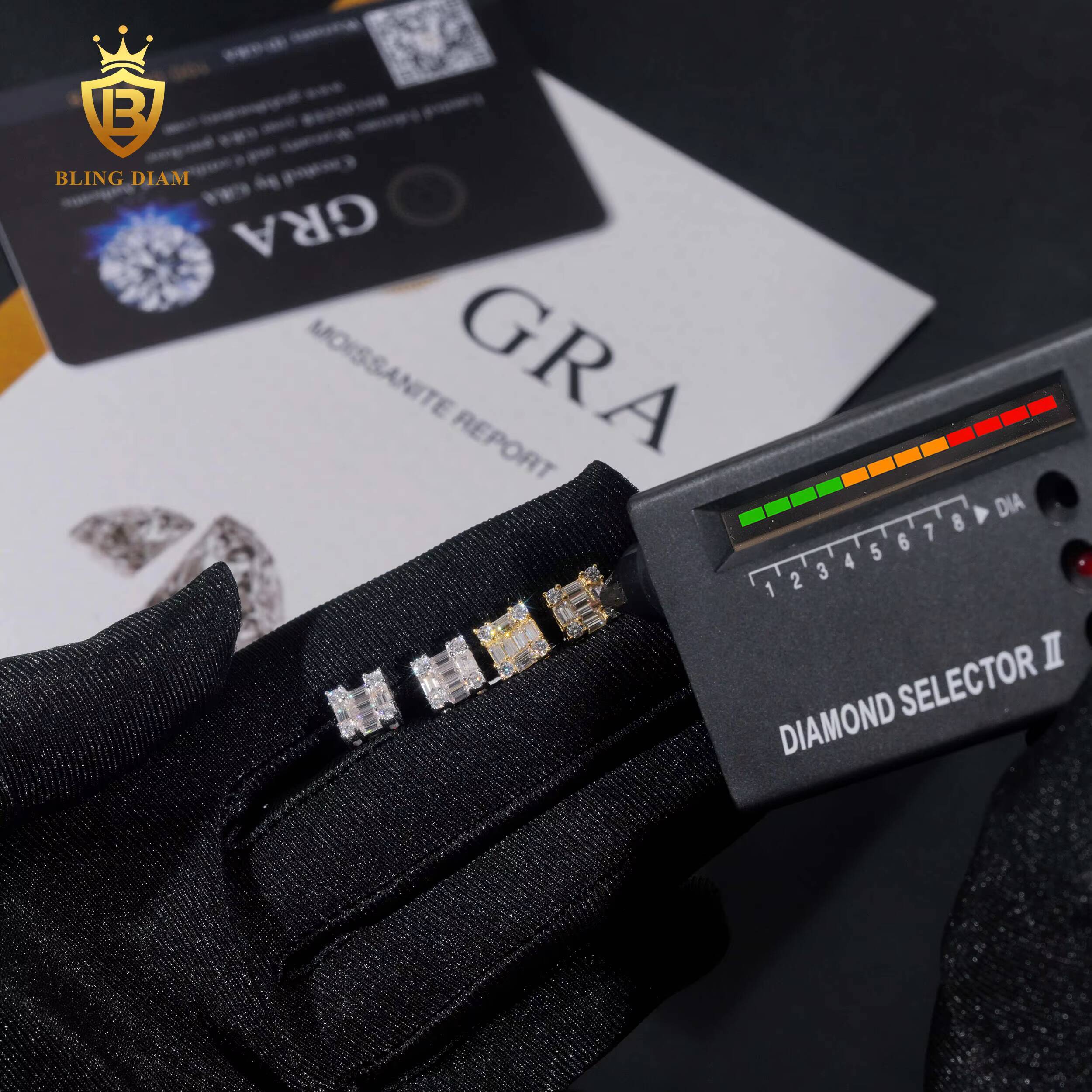 Fashion Jewelry 925 Silver Emerald Cut Luxury Design Iced Out VVS Moissanite Diamond Square Stud Earrings for Men Women