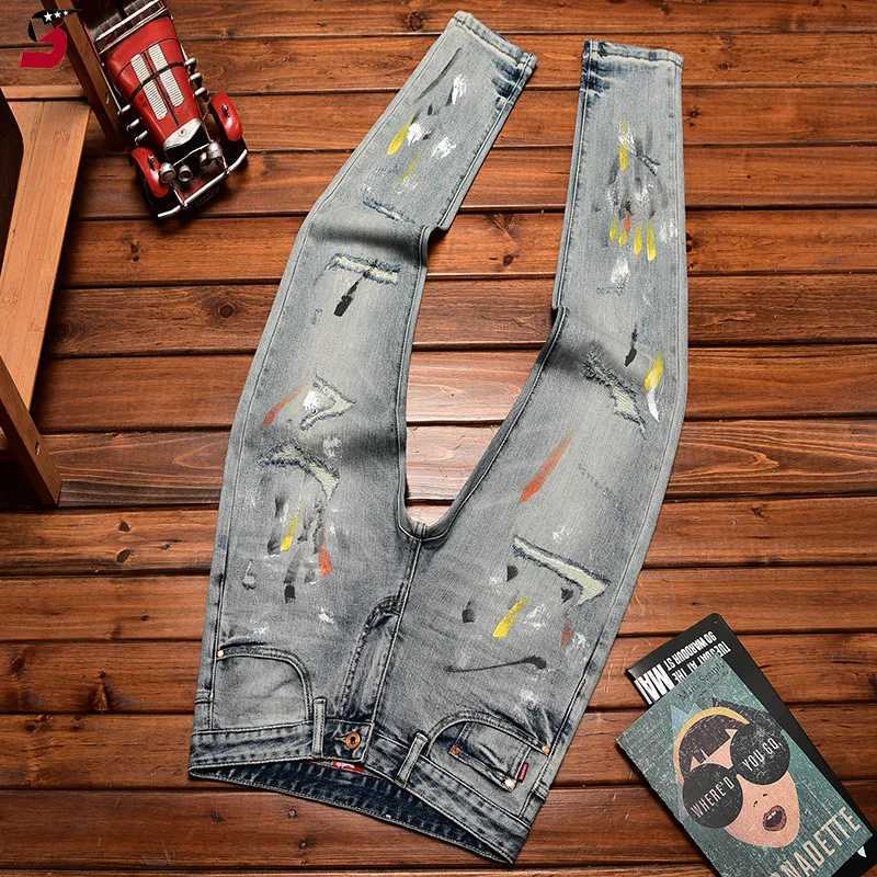 Autumn Winter High-End Trendy Brand Mens Jeans High Street Ripped Patch Ink Splash Print Fashion Stretch Slim Fit Skinny Pants X250812