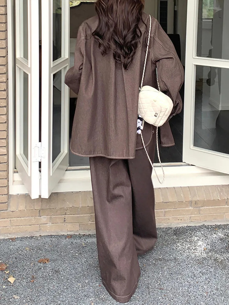 KWTX Brown Long Sleeve Denim Jacket Pants 2 Piece Set Women 2025 Spring Summer Oversized Casual Streetwear Outfit 250808