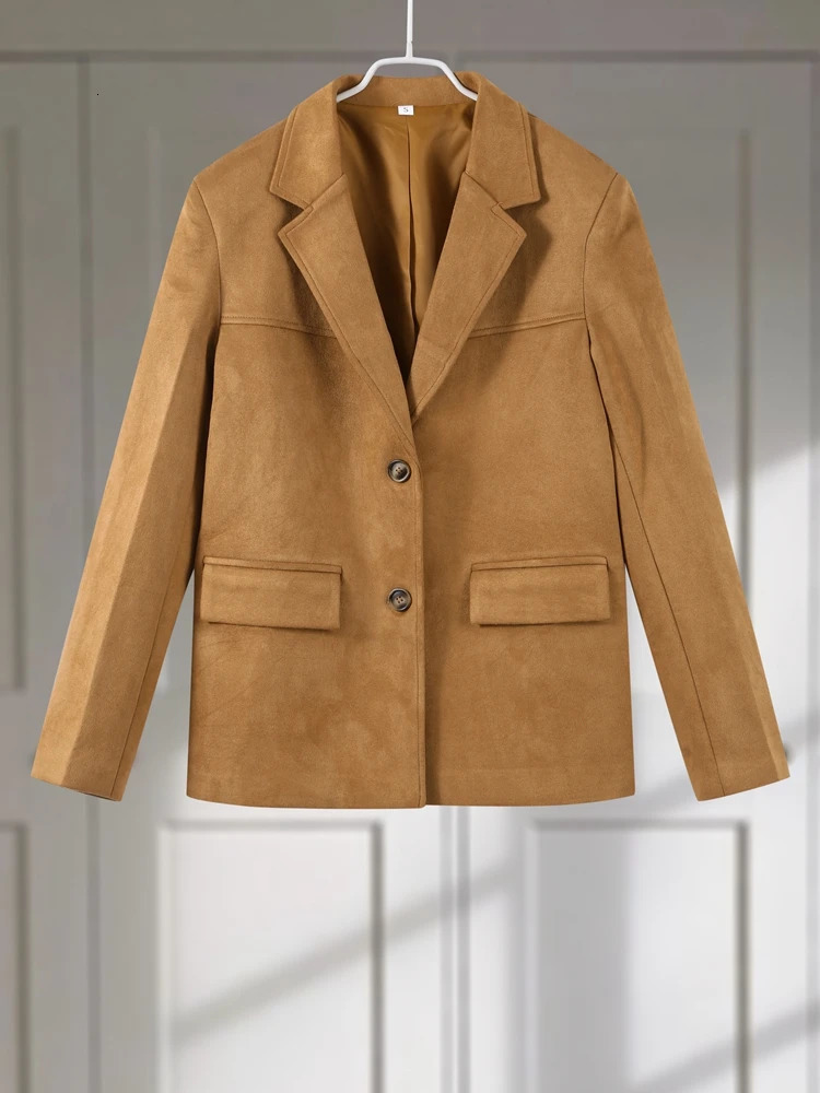 Vintage Womens Suede Leather Jacket Single Breasted Lapel Brown Blazer Loose Coats 2025 Autumn Office Lady Outerwears 250811