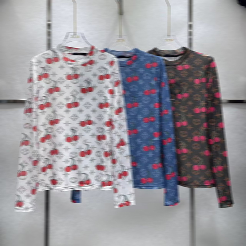 New Summer and Autumn Women's Designer Summer Fashion Round Neck Cherry Printed T-shirt Long Sleeve High Quality Women's Top
