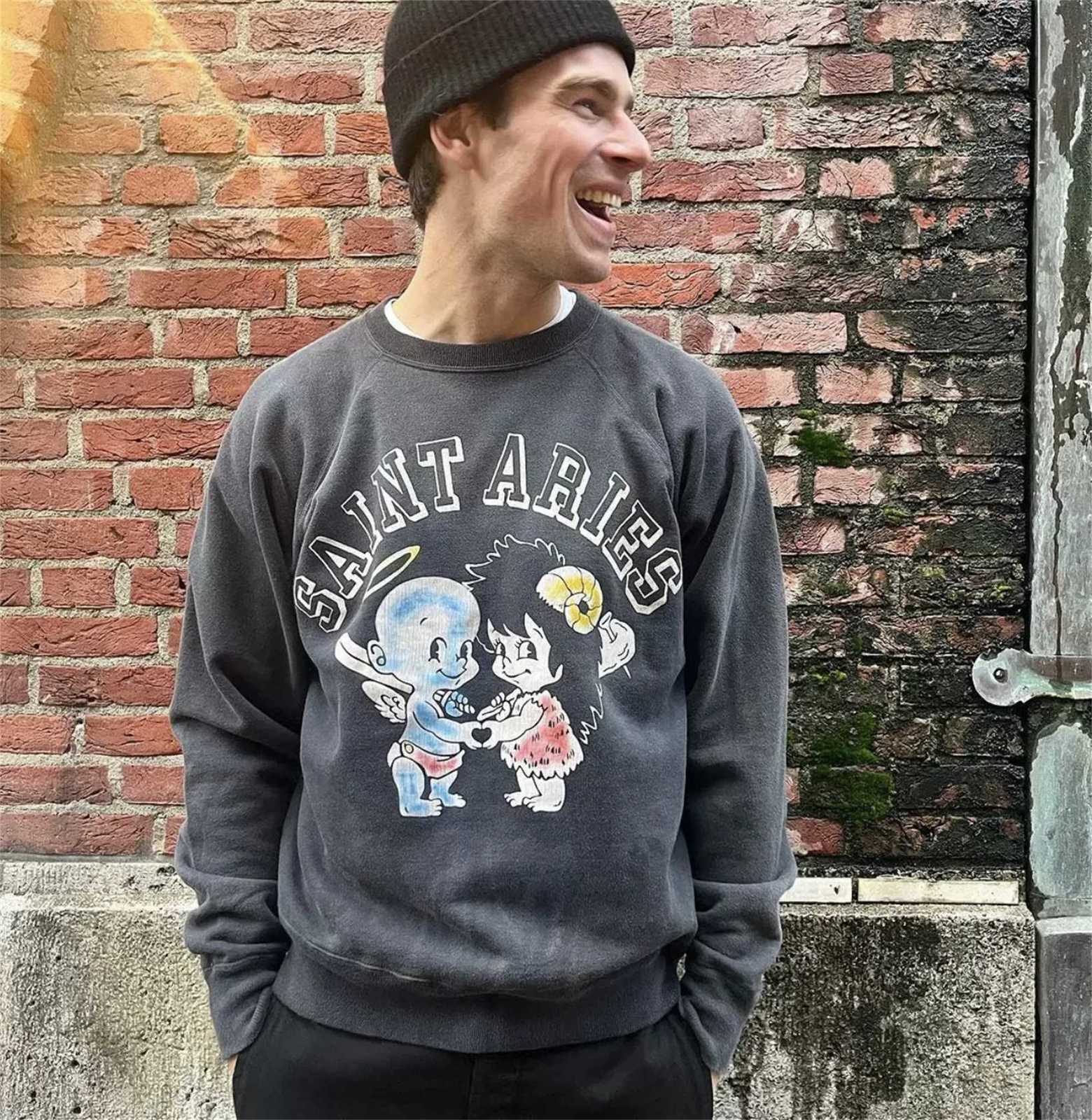 SAINT OF MICHAEL Angel Vintage Distressed Loose Round-NeCK Sweater High-Street Cotton Casual Loose Sweatshirt For Men Y250811