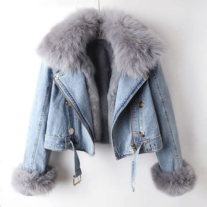 Autumn and winter new fox fur collar, rabbit fur inner lining, fashionable small denim jacket, women's short top jacket