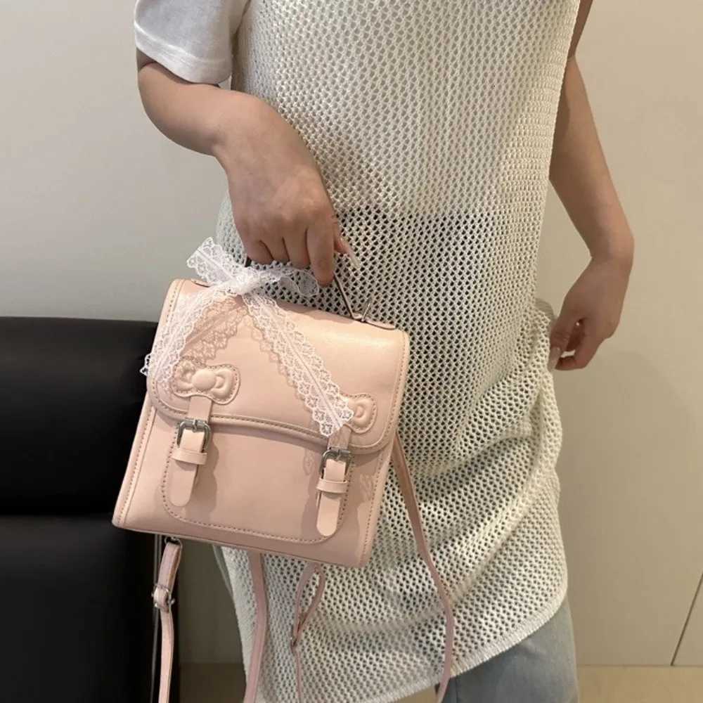 Cute Square Bow Backpack Small Pack Solid Color PU Backpack Korean Style Handbag Student School Bag Y250811