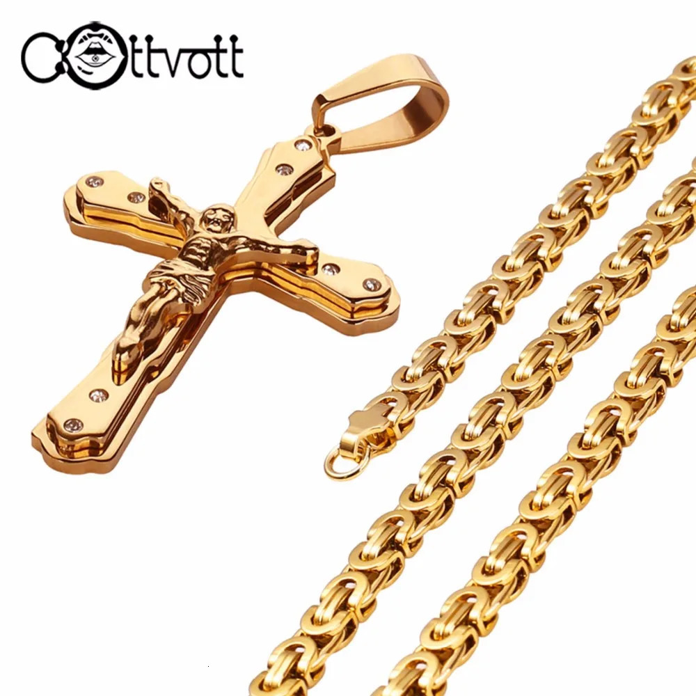Arrival Jesus Cross Crystal Pendant Necklace Link Byzantine Gold Color Stainless Steel Men Jewelry Collier 21.65 6mm MN81 250805