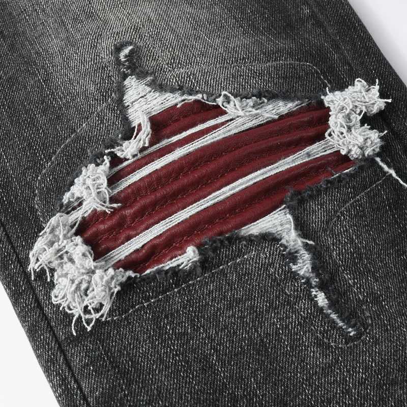 Fashionable new mens jeans with pleats washed water nostalgic perforations red patches mens black and gray jeans high stretch X250812
