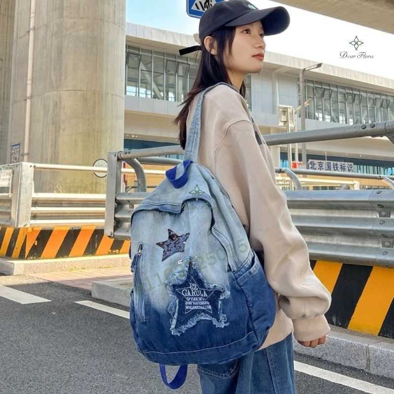 Y2K Korean Casual Denim Backpack Fashion Star Pattern Large Capacity Student Schoolbag Teenagers Vintage Punk Travel Book Bag Y250811