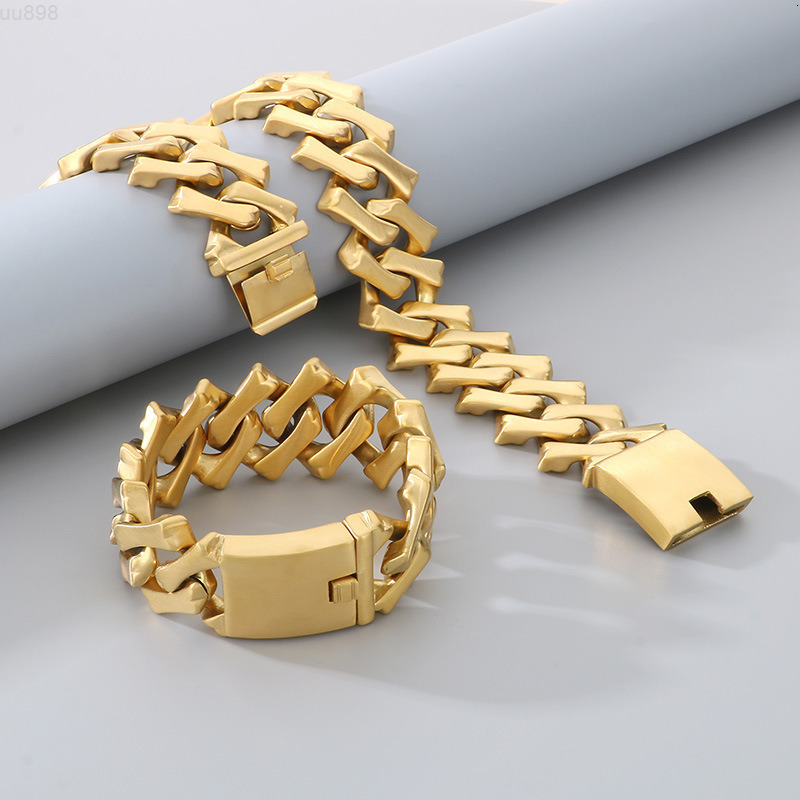 In Stock Diamond Shape 32MM Smooth Heavy Luxury Gold Plated Cuban Chain Link Necklace Bracelet Jewelry Set for Men