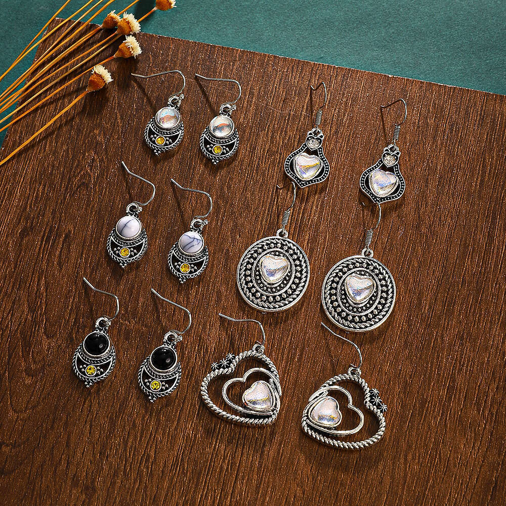 New Heart Turquoise INS Alloy Vintage Geometric Moonstone Drop Earrings Ethnic Style Ear Jewelry