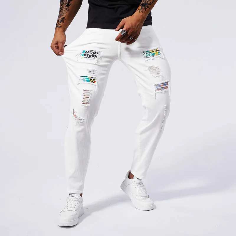 White ripped jeans for men 2024 new summer slim fit jeans for men straight leg casual pants for men stretch denim ripped pants X250812