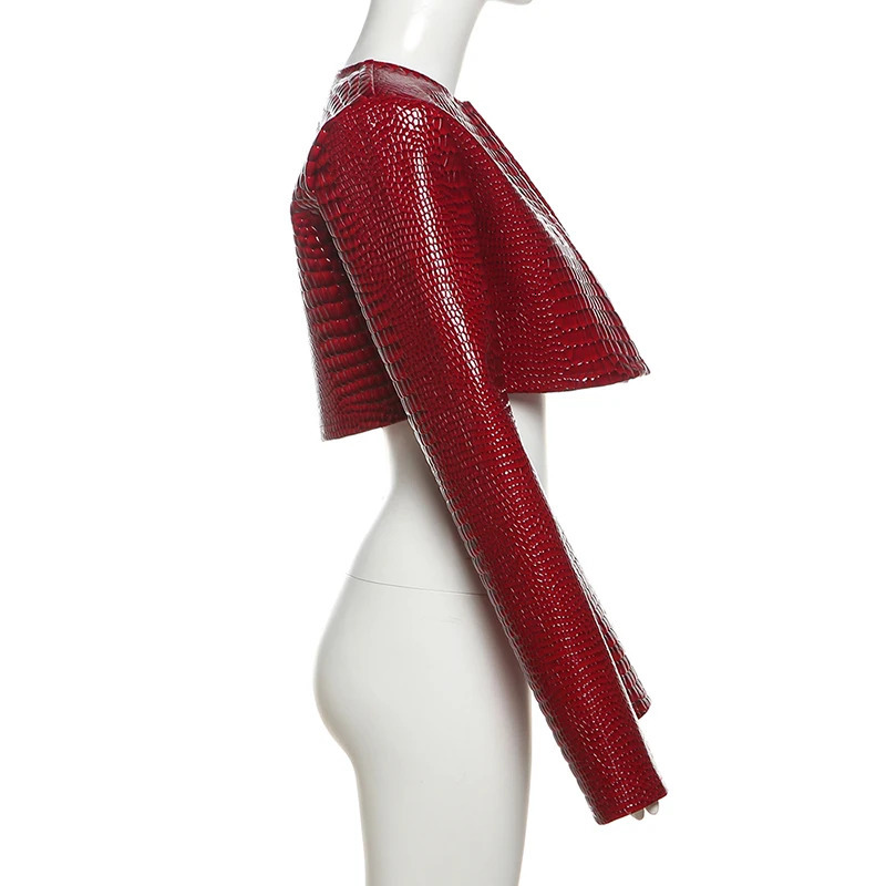 Women O Neck Long Sleeve PU Faux Leather Cropped Jackets Punk Grunge Casual Coats Spring Fall Harajuku Y2K Clothes 250811