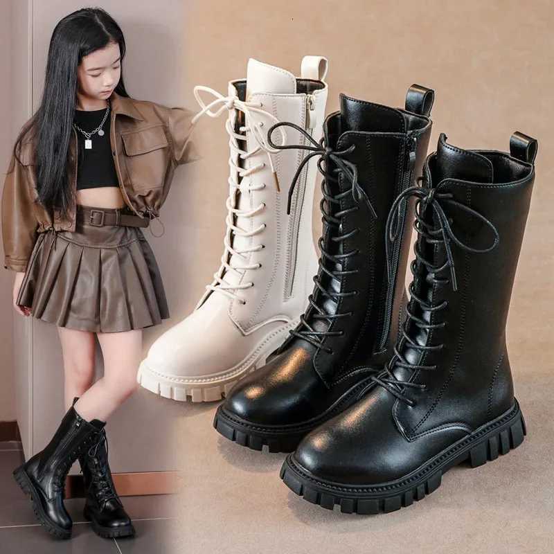 Girls Boots Autumn Winter British Style Lace Up Long Boots Solid Color Princess Leather Boots Plus Velvet Kids Knight Boots XJ250812