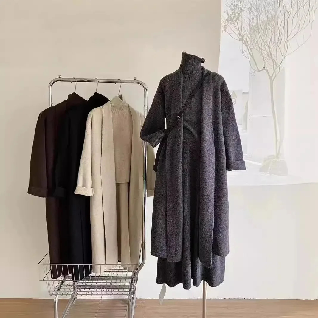 Three Piece Sets Women Long Sweater Vest Jumper Dress Kintted Spring Autumn Winter Crochet Cardigan Y2k High Waist Skirt 250811