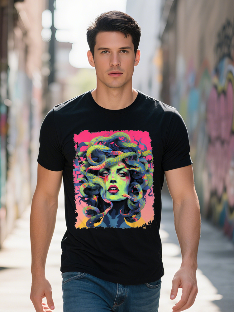 Soft Cotton Men's Plus Size Medusa Graphic T-Shirt Vibrant Snake Woman Design Casual Short Sleeve Tee for Halloween