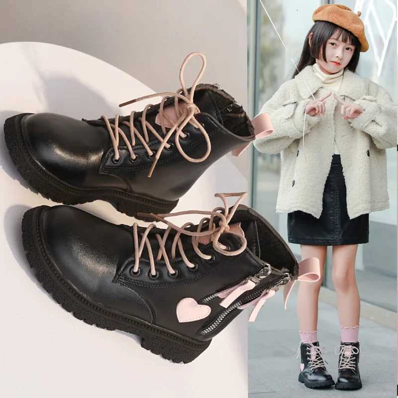 Girls Shoes Platform Kid Boot 2023 Winter New British Ankle Boot Plush Girl Shoe Kid Shoe Fashion Leather Boots Childrens Boots XJ250812