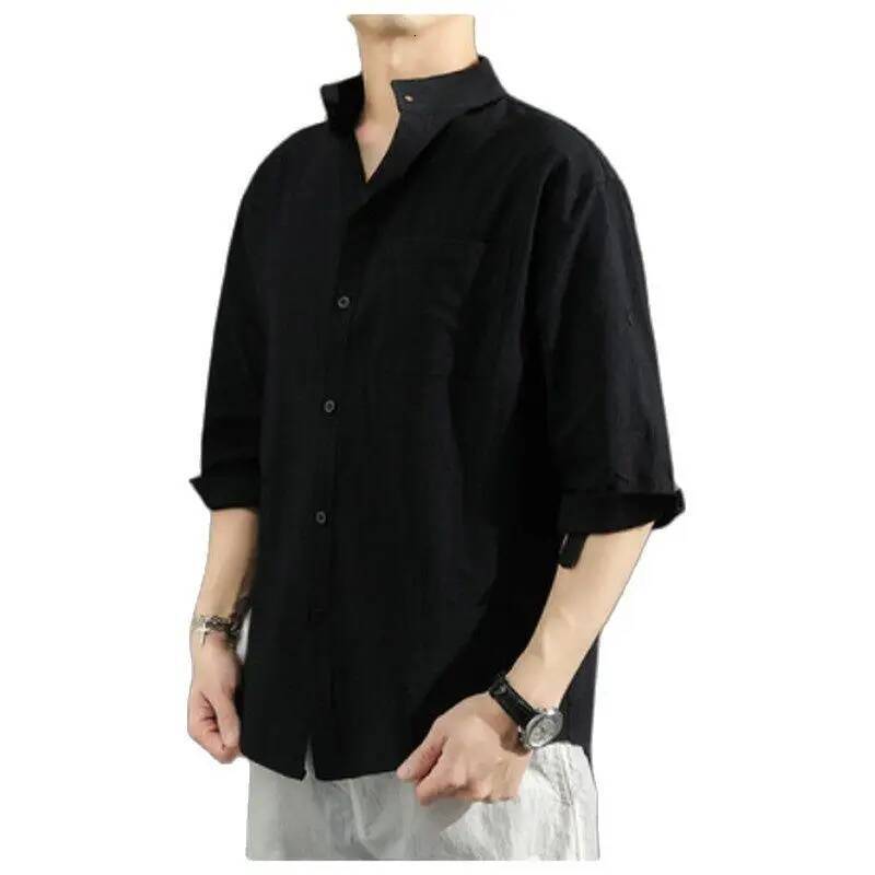 Solid Colors Long Shirts Chinese Style Wear Stand Collar Loose 100% Cotton White Black Short Sleeve Shirt M-5Xl ddmymarket