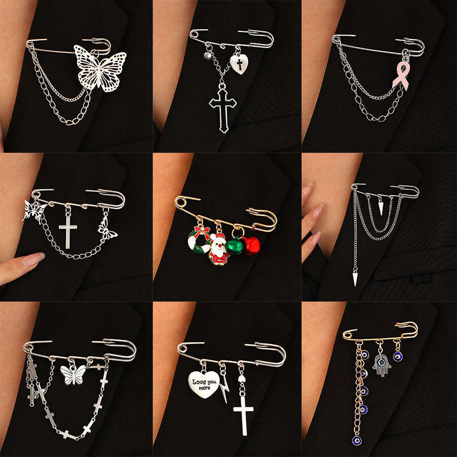 New Chain Brooch Unisex Minimalist Style Butterfly Heart Cross Punk Hip Hop Suit Button Pin