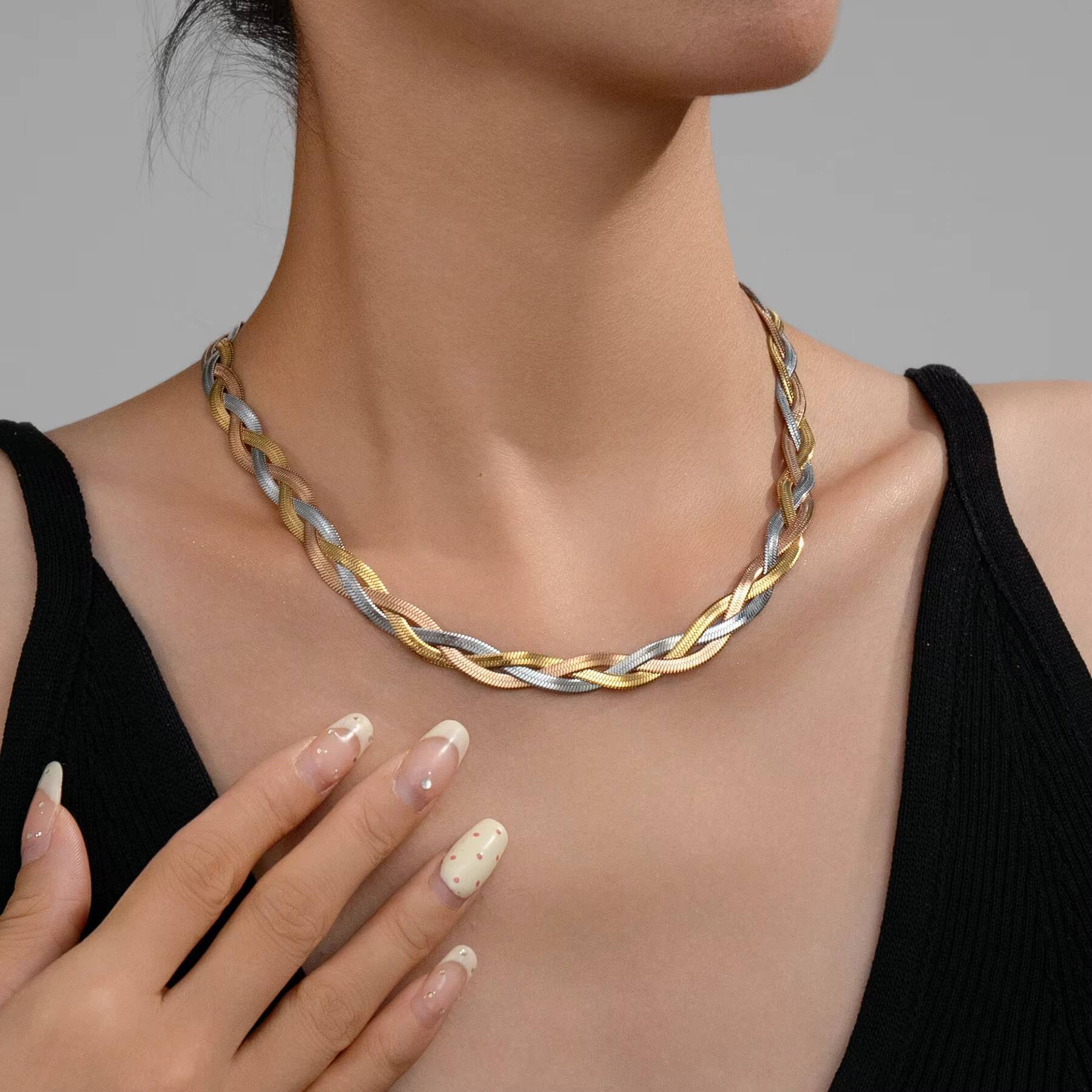 18K Gold Plated Herringbone Rope Chain Layered Necklace Stainless Steel Necklace Tarnish Free Waterproof Jewelry