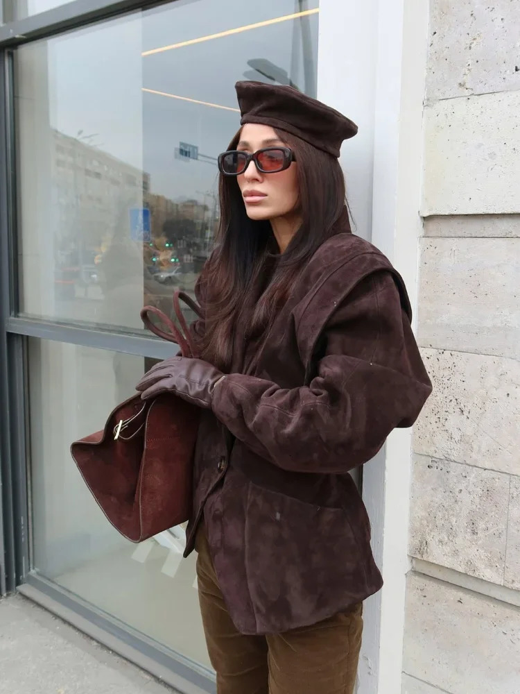 Dark Brown Suede Oversized Blazer Women Long Sleeve Wide Shoulders Coat 2025 Autumn Highstreet Leisure Chic Lady Outerwears 250811