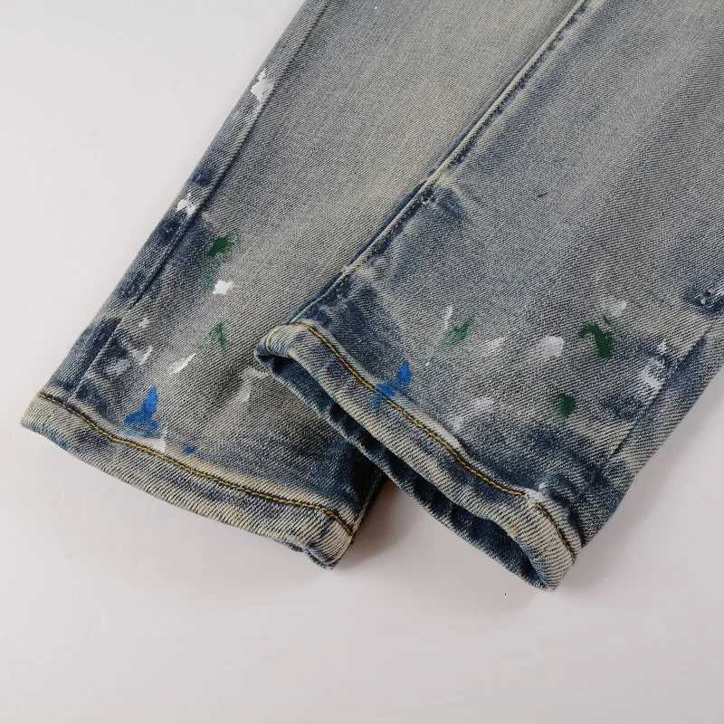 Men Painted Stretch Denim Biker Jeans Streetwear Cracked Patch Patchwork Holes Ripped Distressed Pants Skinny Tapered Trousers X250812