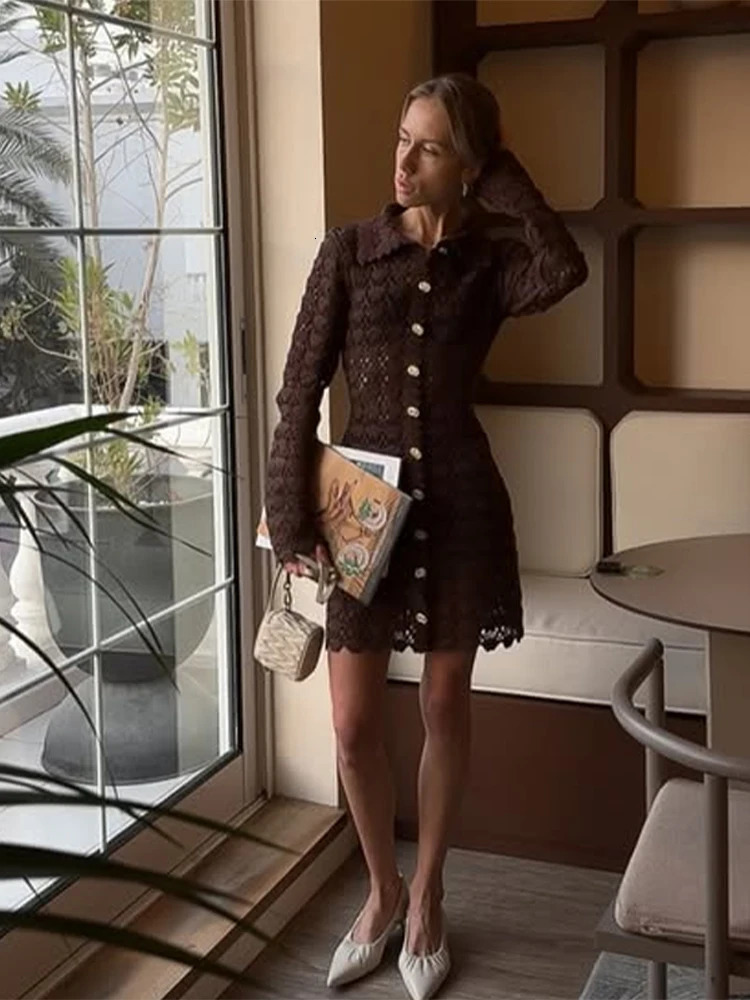 Elegant Knitted Hollow Out Mini Dresses Women Casual Loose Lapel Single Breasted Dress Female Versatile Chic Street Party Beach 250805