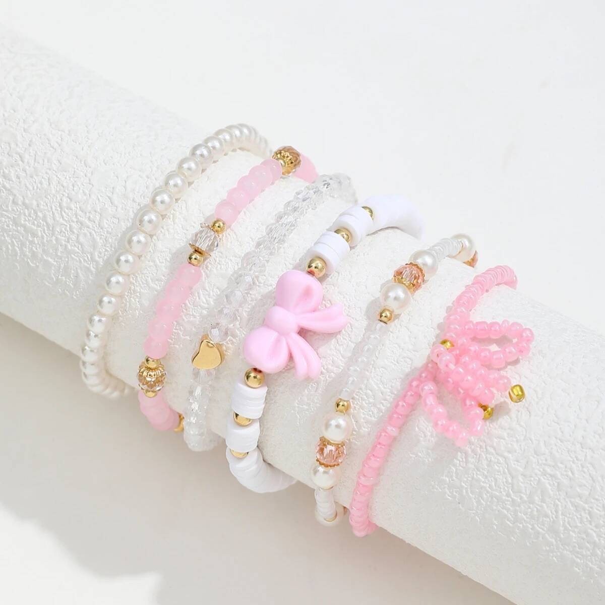 6Pcs/Set European and American Cute Pearl Love Beaded Bow Bracelets Set For Women Simple Design Sweet Jewelry Gifts