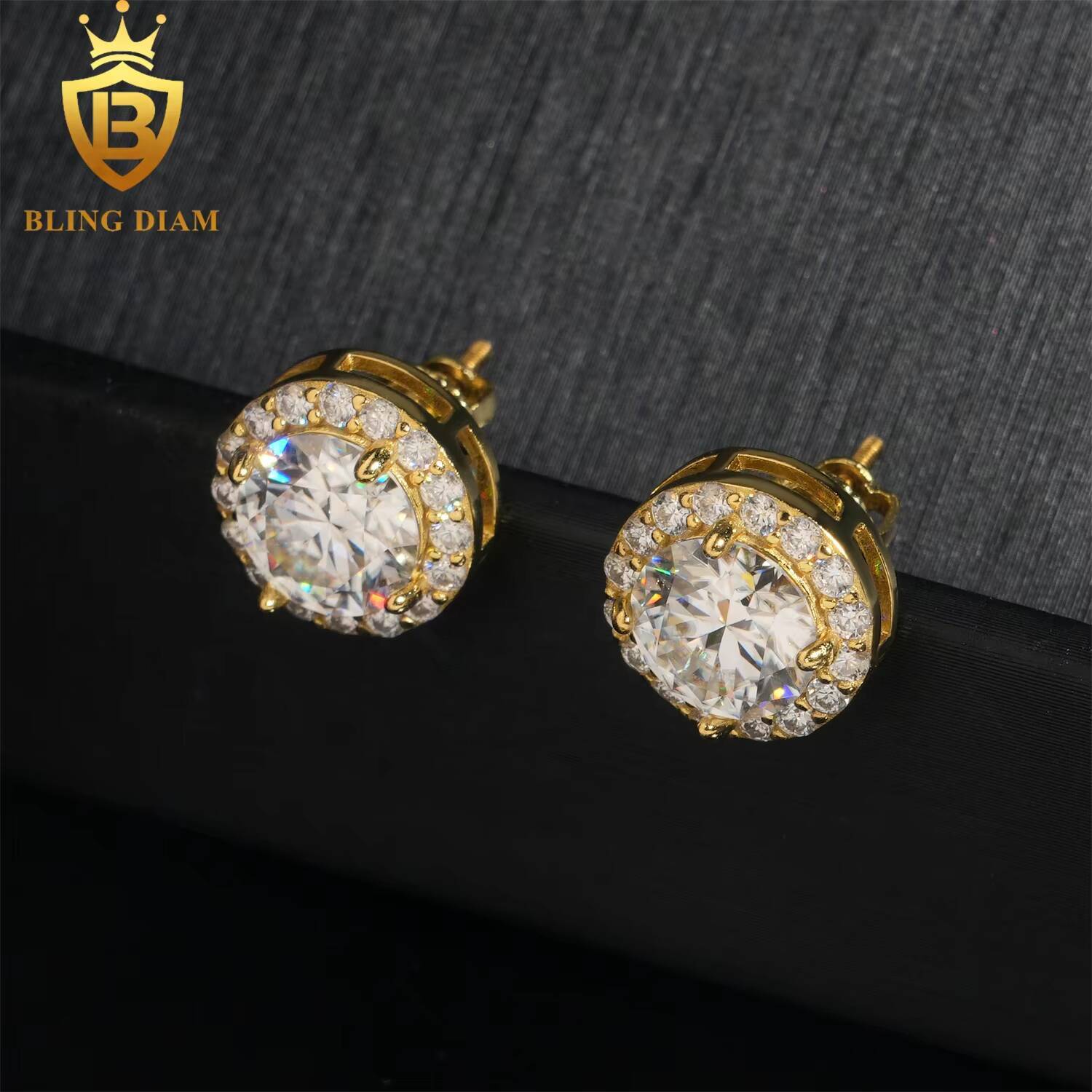 Wholesale Jewelry 925 Sterling Silver Gold Plated Vvs Moissanite 8mm Diamond Earrings Stud Cluster for Trendy Men Women