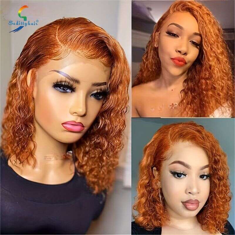 180% 13X4 Bury Ginger Orange Bob Medium Long Deep Wave Curly Wavy Lace Front Human Hair Wig Natural Hairline
