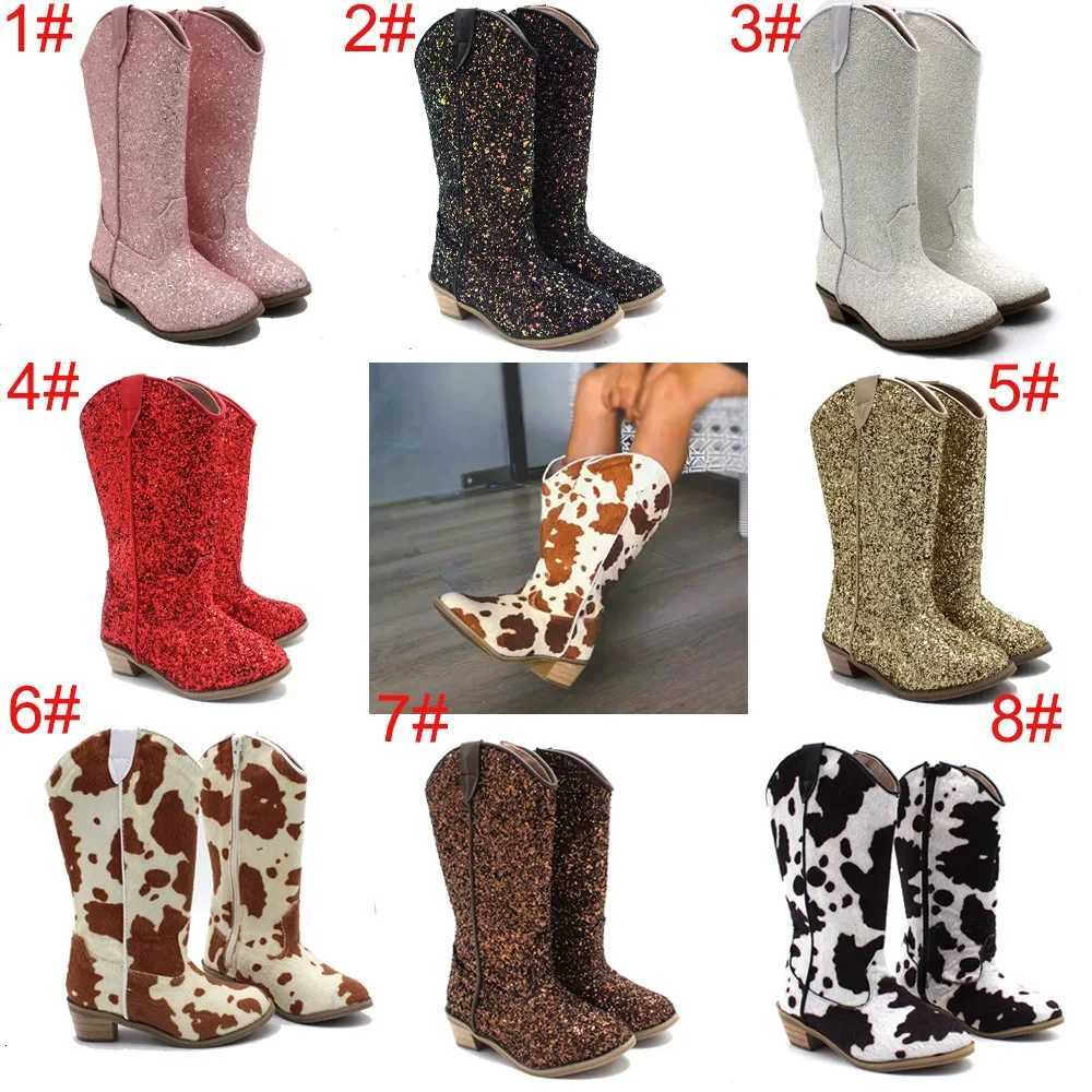Girls Knee High Riding Boots Solid Color Glitter Leather Boot Autumn Winter Sexy Zipper Low Heel Pumps Sequin Comfortable Shoes XJ250812